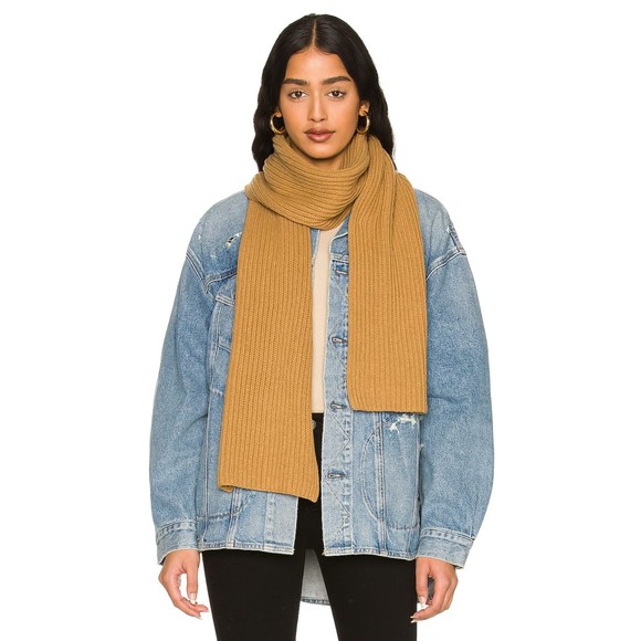 Ganni NWT Rib Knit Scarf Recycled Wool Ribbed Half Size Tan One Size New - Picture 1 of 11